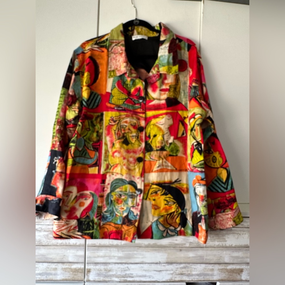 🎨 Kaktus Art Print Jacket Blazer Abstract Faces Colorful Button Front